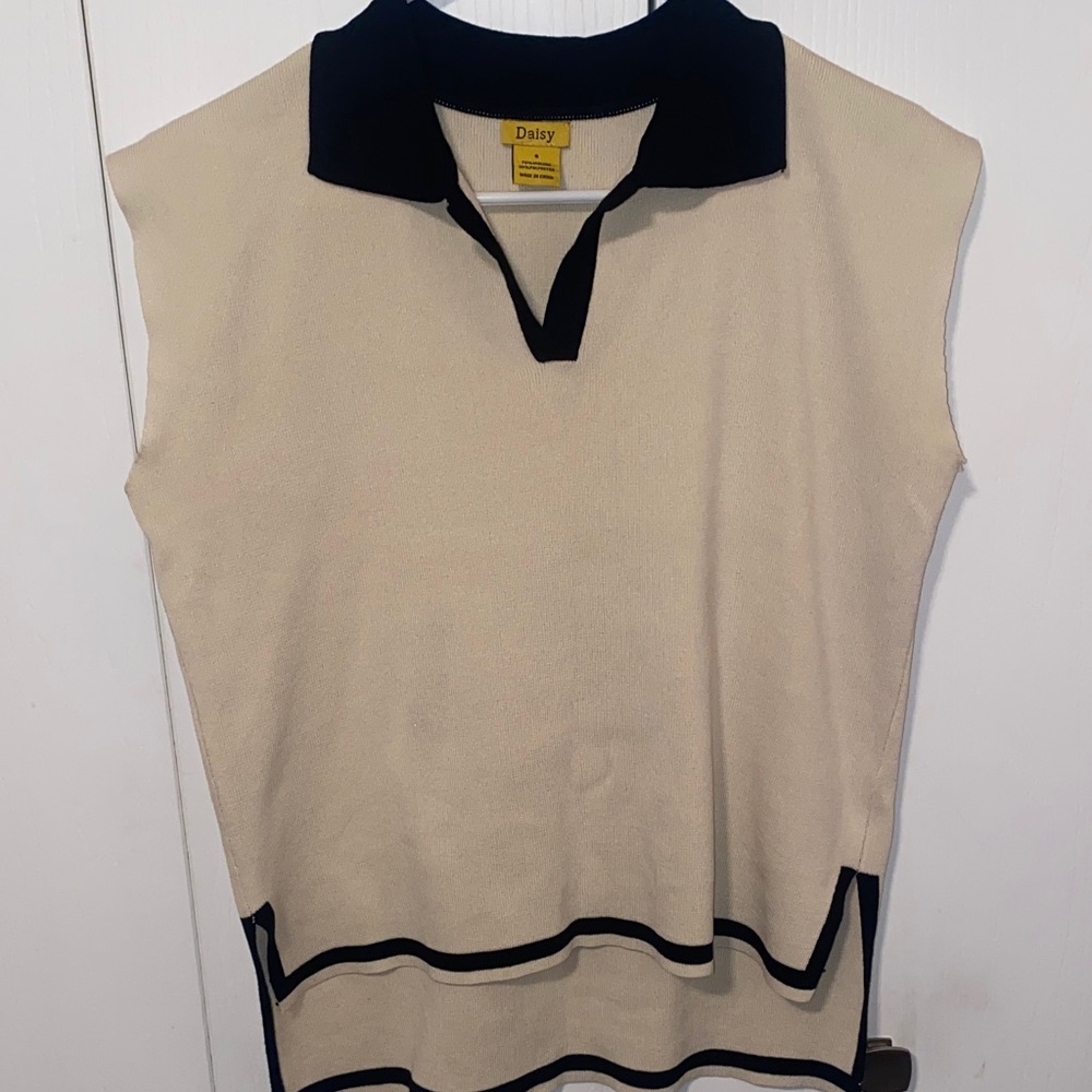 Cream and Black Sleeveless Sweater